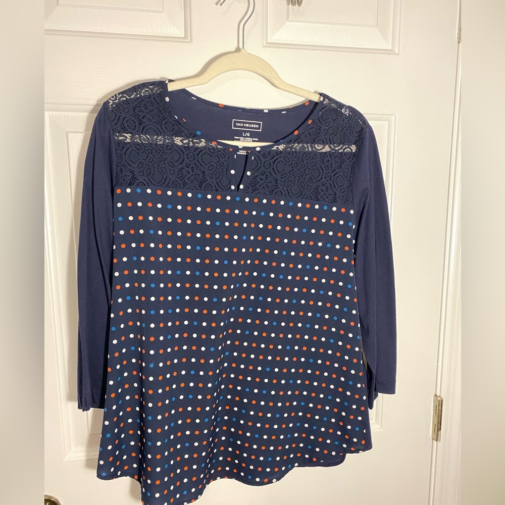 Van Heusen Navy Blouse with Polka Dots and Lace